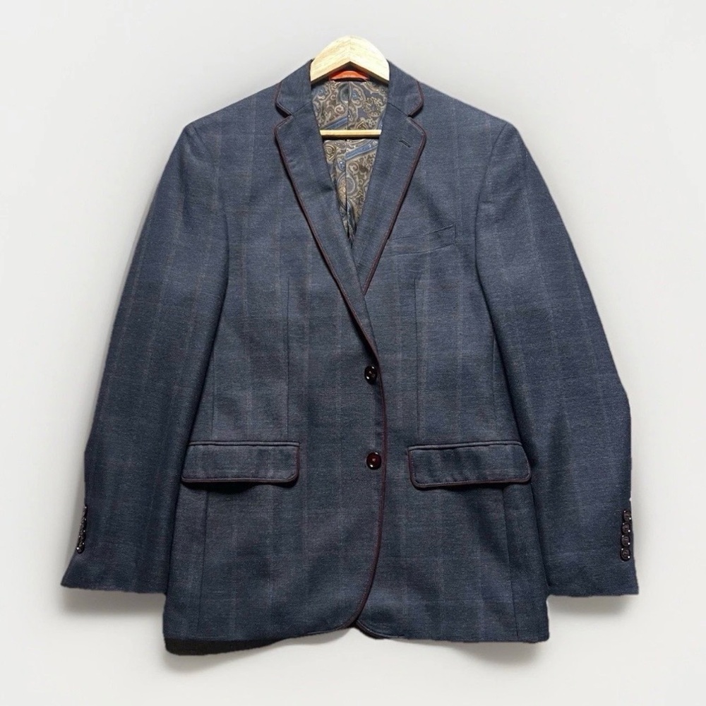 Tallia Blazer Jacket Mens 40 R Glen Windowpane Sport Coat Blue Smart Casual